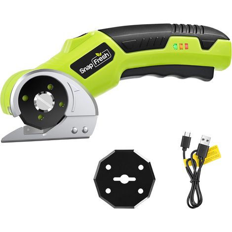 SnapFresh Ciseaux Électriques Sans Fil Akku Universel avec 2 Lames Auto-Affûtantes SKS7 & LED – Cutter Rotatif Coupe Carton, Papier, Tapis, Cuir, Feutre, PVC (1/5)
