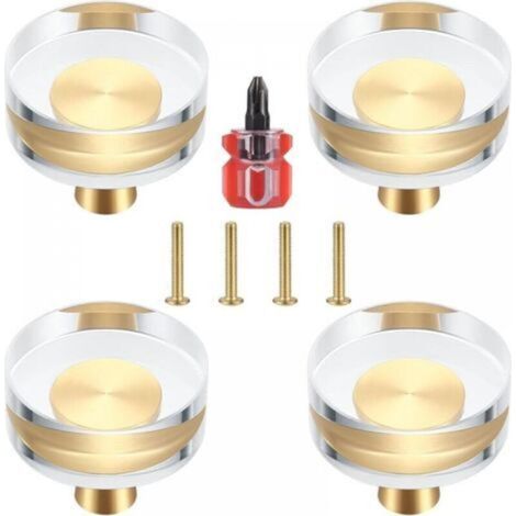 Set di 4 pomelli per porte in cristallo trasparente e ottone per armadi, cassetti, credenze e mobili - 30x27 mm
