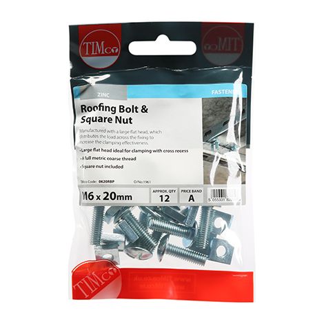 TIMCO Roofing Bolts & Square Nuts Silver - M6 x 20