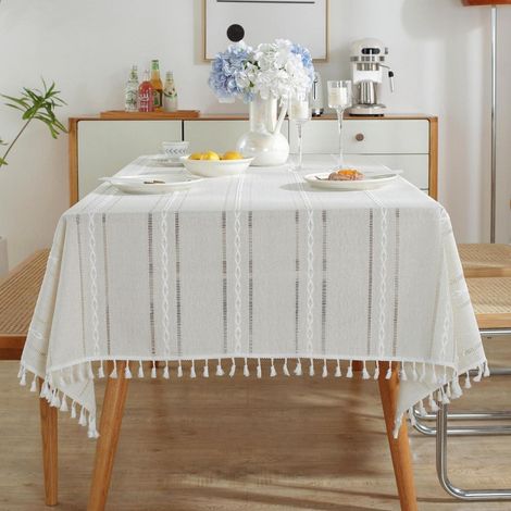 Nappe coton-lin blanc avec pompons, 140x300 cm, Lavable