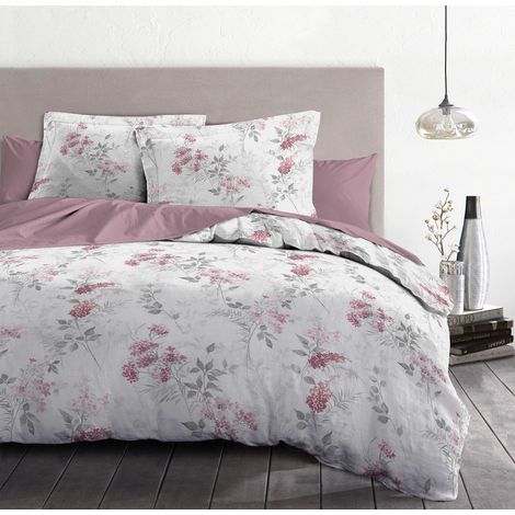 Parure de lit 140x200 cm 100% Coton, Housse de Couette avec 1 taie, Motif Pompadour Blanc et Rose, Douce, Respirante et résistante (1/5)