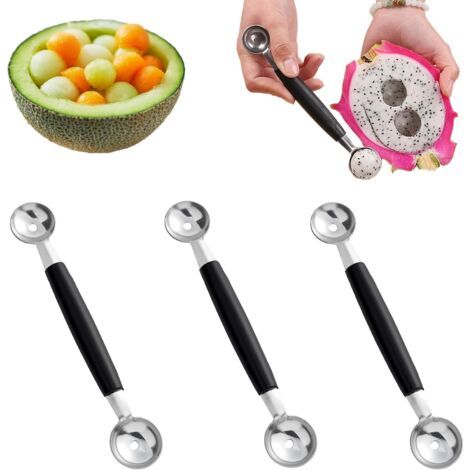 3-teiliges Set doppelseitiger Kugellöffel. Doppelseitiger Fruchtmelonenkugellöffel. Melonenlöffel aus Edelstahl. Melonenausstecher. Pariser Kugellöffel für Eiscreme. Melonenkugel (1/4)