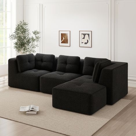 Rahmenloses L-förmiges Ecksofa, modulares Ecksofa, Ecksofa mit Ottomane, modulares Cordsofa, Dreisitzer-Cordsofa mit tiefer Sitzfläche für das Wohnzimmer, kein Aufbau erforderlich,Schwarz 
WL