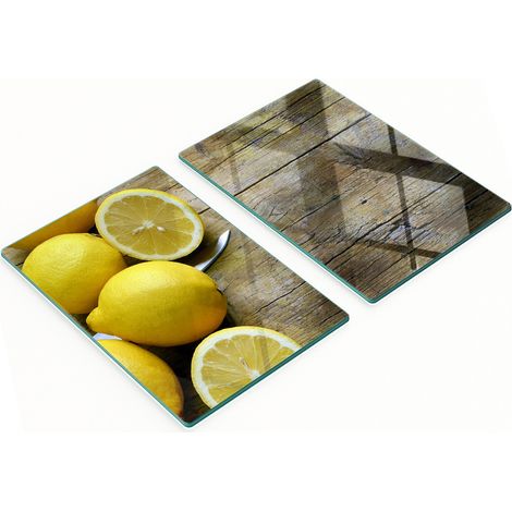 Ensemble de deux planches à découper en verre, motif citron sur bois, 2 x 40 x 52 cm (1/5)