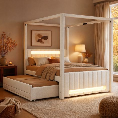 Lit à baldaquin 140x200 cm avec lit gigogne, 3 tiroirs et éclairage LED beige HAVRYA (1/5)