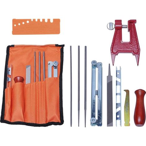 Universelles Kettensägen-Schärfset, Kettensägen-Schärffeilenset mit Feilen, Holzgriffen, Tiefenmesser, Polierführung, Werkzeugtasche und Bankschrauben