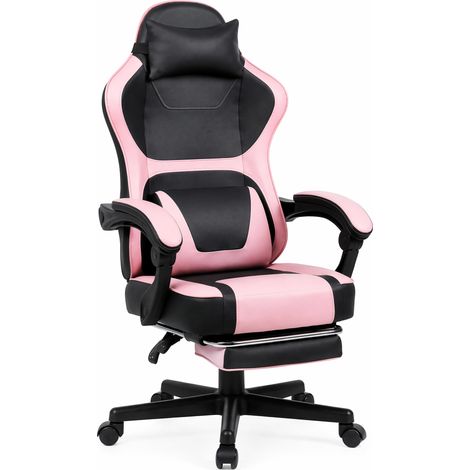 Silla gaming ergonómica rosa y negra con reposapiés extensible y cojines lumbares (1/5)