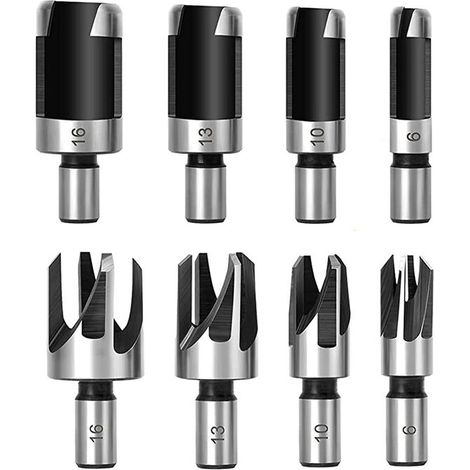 8 Pièces Fraise à Bouchonner Bois, Mèche à Bouchon Bois 6 mm/10 mm/13 mm/16 mm, Acier Carbone Bois Plug Perceuse pour le Travail du Bois, Forets à Bois à Griffe et Coniques (1/5)