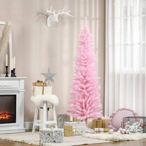 Árbol de Navidad Artificial Estrecho 180 cm con 390 Ramas y Base Desmontable Fácil de Montar Rosa (1/5)