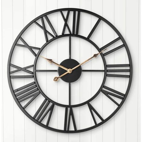 Reloj de pared silencioso, estilo rústico europeo vintage con números romanos, 40 cm, de metal con estructura metálica, funciona con pilas, sin tapa, ideal para el hogar y la cocina (negro). (1/5)