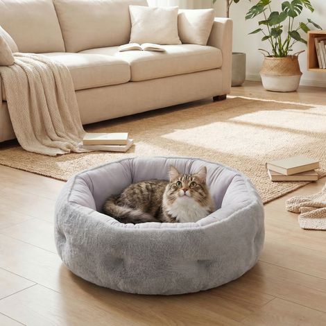 Lit pour chat réversible lit rond avec rebord de soutien gris clair lit pour chats d'intérieur et petits chiens design moderne