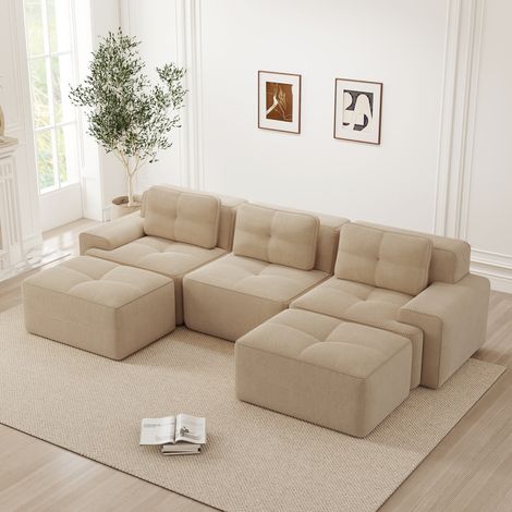 Modulares Sofa ohne Montage, 3 Sitzer Schlafsofa aus Cord, Wohnlandschaft mit 3 Kissen und 2 Hockern, Couch Beige
