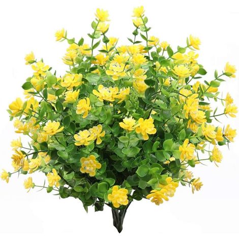 Fleur Artificielle 8 pièces Bouquet d'eucalyptus Plantes Verdure, Fausses Fleurs d'eucalyptus résistant aux UV pour intérieur extérieur Bureau à Domicile Jardin décoration de Mariage (Jaune) (1/5)