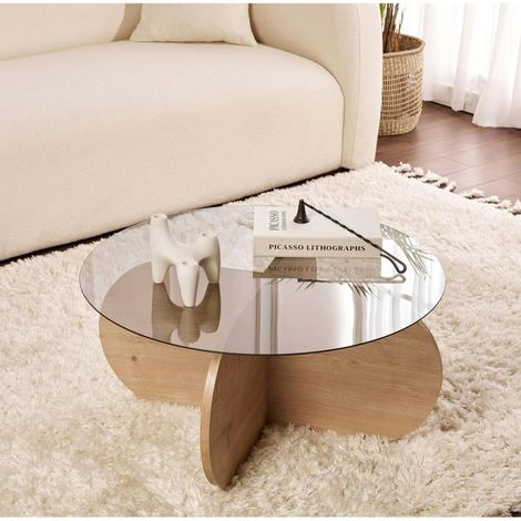 Table basse verre fumé - pied en croix effet chêne clair SALTA (1/5)