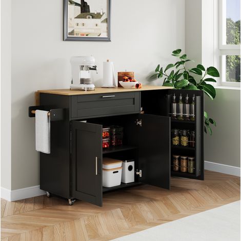 Chariot de cuisine 132,5/44(70)/90 cm noir naturel avec plateau rabattable et rangements (1/5)