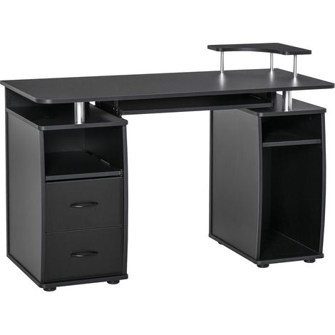 easycomfort scrivania per computer moderna porta pc, scrivania da ufficio in legno con cassetti, mensola estraibile e porta tastiera, 120x55x85cm, nero (1/5)