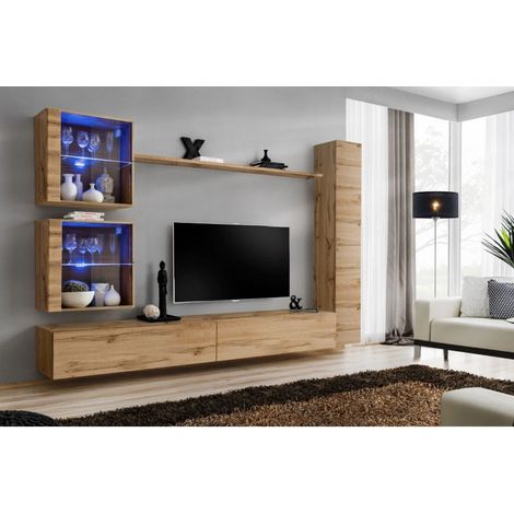 Ensemble mural - Switch XVIII - 2 vitrines LED - 1 vitrine verticale - 2 bancs TV - 1 étagère - Bois - Livraison gratuite