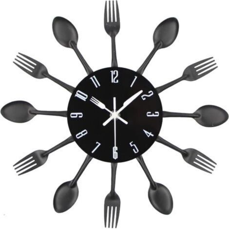 Horloge de cuisine effet miroir avec cuillère, fourchette, autocollant amovible en 3D pour la décoration de la maison 30304CM Noir