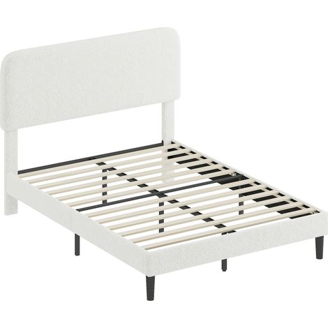 Cadre de lit 140x190 cm avec sommier intégré, tête de lit ajustable, lit double en velours teddy blanc, lattes métalliques renforcées (1/5)