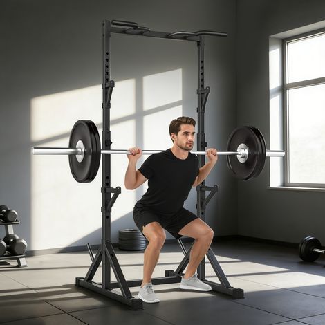 Tour de musculation autoportante avec supports pour haltères, structure en acier supportant jusqu'à 200 kg, noire (1/5)