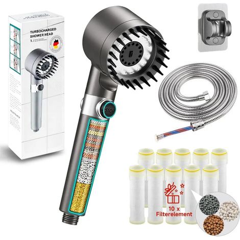 Pommeau de douche filtrant avec douchette, 10 filtres de rechange, flexible de 2 m. Pommeau de douche filtrant avec support, 3 jets + 1 jets, douchette pour eau dure. (1/5)
