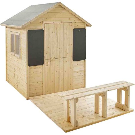 SOULET - Casita de Madera Infantil con Terraza y Banco Grace 215x132x160 cm - Casita de Juegos para Niños - Cabaña de Madera para Jardín - Fácil Montaje - Diseño Acogedor y Seguro (1/4)
