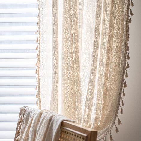 Rideau rustique blanc crocheté transparent tricoté sur tringle - 150 x 220 cm de long (1/5)