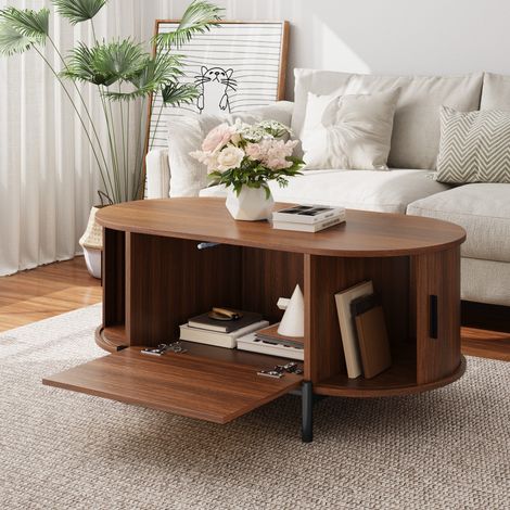 DESMIU Table basse ovale avec 3 portes et rangement, en MDF, pour salon, 100 × 50 × 40 cm (1/5)