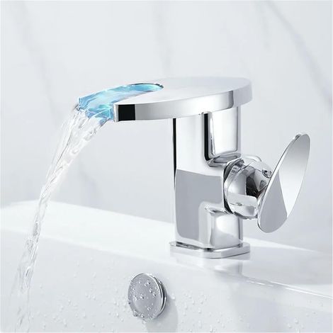 CCYKXARobinet cascade LED hydroélectrique intelligent, salle de bains, robinet à changement de couleur de température du bassin 1 pièces (Color : Silvery)