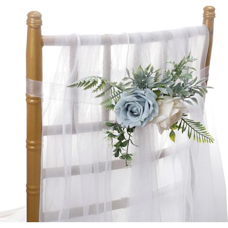 Décoration de chaise de mariage : rose réaliste en plastique, ruban bleu de 60 cm pour le dossier de la chaise. (1/2)
