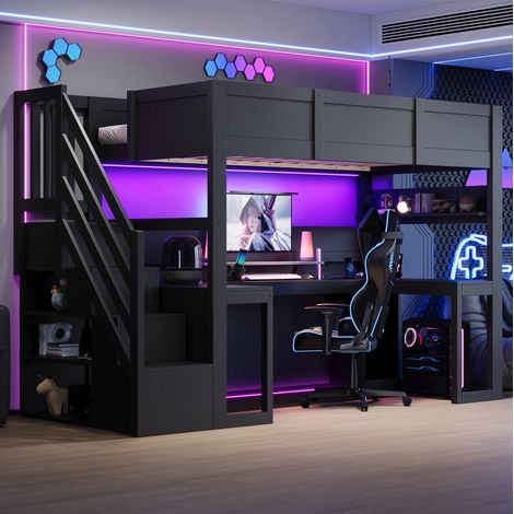MODFU – Letto a soppalco per bambini 90x200 cm in MDF/compensato con scrivania gaming, LED 7 colori, USB, mensola e scala a 4 scomparti – Nero (1/5)