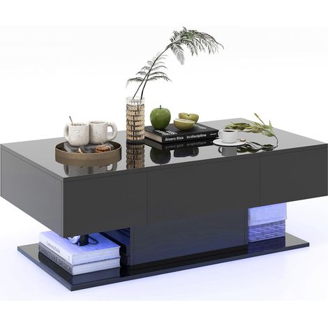 COSTWAY Table Basse Salon 2 Tiroirs, Table de Salon avec 20 Lumières LED, 22 Modes Dynamiques, Télécommande, Compartiment sous Table, Base Épaissie, Finition Brillante, 110 x 60 x 40 cm (Noir) (1/5)