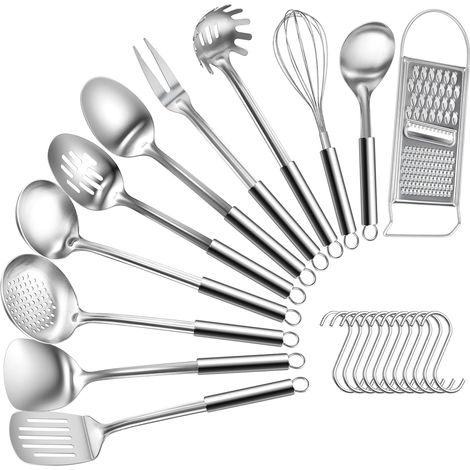Ustensiles de Cuisine – 12 Pièces Ustensile Cuisine Inox, avec Crochet, Polis Brillants, Comprennent des Ustensiles Cuisine tels qu'une Louche Inox, une Spatule Cuisine (1/5)