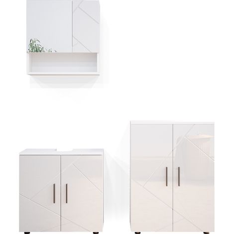 Conjunto de muebles de baño Irma, Blanco alto brillo, 3 piezas, con mueble bajo 60 cm, Vicco