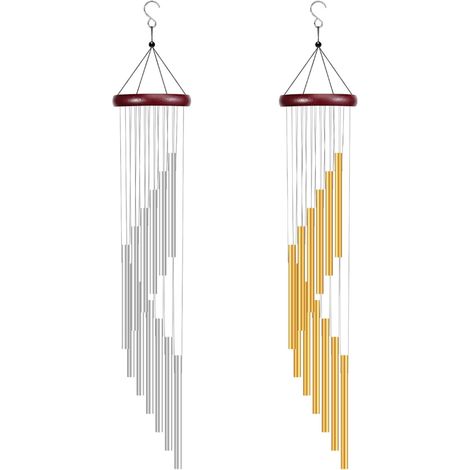 Carillon Éolien - 12 Tubes Aluminium - Support en Bois Rouge - Pour Jardin Patio Arbre Balcon - 2 Pièces