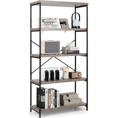 5-Tier Bookshelf Wood Bookcase Home Office Standing Display Rack-Grey (1/5)