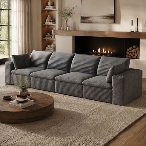 Sofá recto modular de 4 plazas 340x90x82 cm en pana gris oscuro – MEUBLIV (1/5)