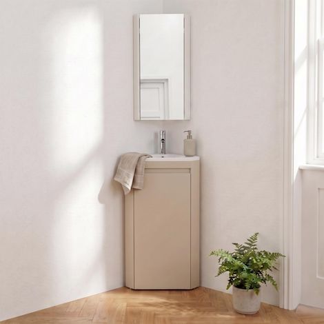 SORRENTO Eckwaschbecken-Unterschrank auf Füßen mit Armatur und Schrank