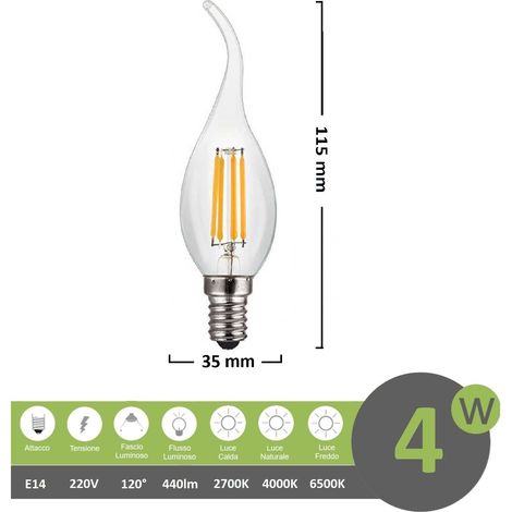 Lampadina led filamento fiamma 4w attacco piccolo E14  colpo di vento candela trasparente luce bianca naturale calda  Bianco freddo (1/2)