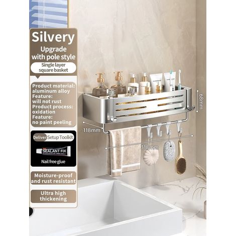 (JS68silvery squareB) Étagère murale en aluminium pour salle de bain, rangement pour shampoing, organisateur de cuisine, sans perçage nécessaire. (1/5)