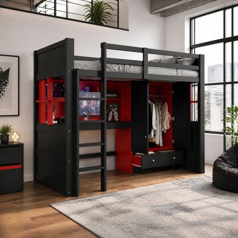 Cama alta (205x100.5x174 cm), con escritorio, armario y cajones, con escalera, madera, negro y rojo (1/5)