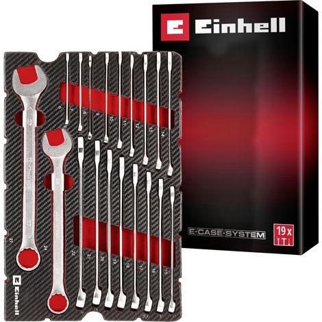 Original Einhell E-Case Pad 19-tlg. Gabel-Ringschlüssel (Ø 6–27 mm, 12-Kant-Profil, Chrom-Vanadium-Stahl, satinierte Oberfläche, EVA-Pad, E-Case-System) (1/5)