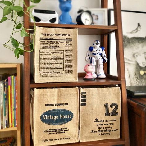 Jute Storage Box Foldable Waterproof Film Easy Cleaning Mild Texture Storage Basket for Home Office NB Pattern (1/2)