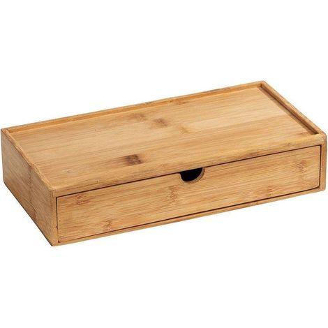 WENKO Scatola Terra - in bambù - con cassetto a scomparsa - per bagno, cucina e corridoio - per riporre gioielli, cosmetici, penne, smartphone, occhiali - dimensioni (L x A x P): 28 x 6 x 14 cm (1/4)
