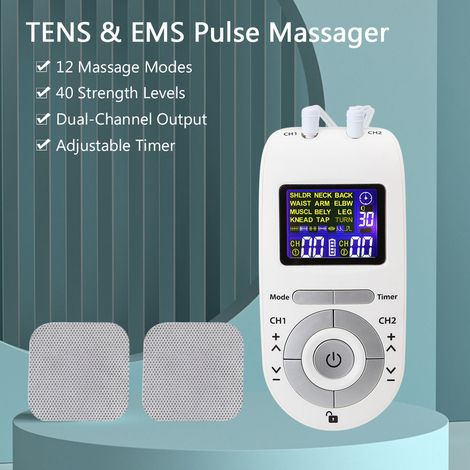 Appareil portable TENS & EMS à double canal, masseur d'impulsions, unité de stimulation musculaire, 12 modes de massage, 40 niveaux de force, minuterie réglable (1/5)