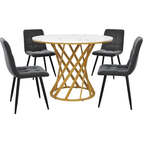 CAIziEnsemble repas 5 pcs, table ronde 80 cm, 4 chaises velours gris (1/5)
