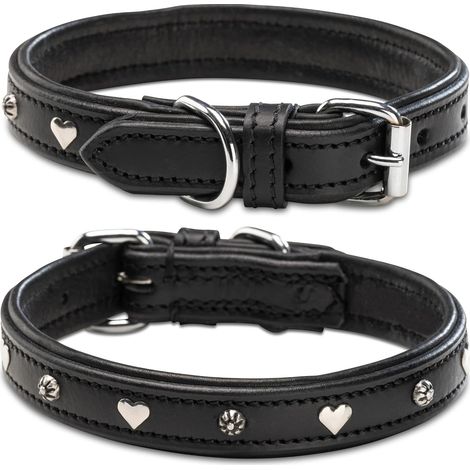 Collier pour chien - En cuir véritable - Double couche - Noir - Avec applications cœur et fleur - Coer - Taille XL (48,5-58,5) (1/5)