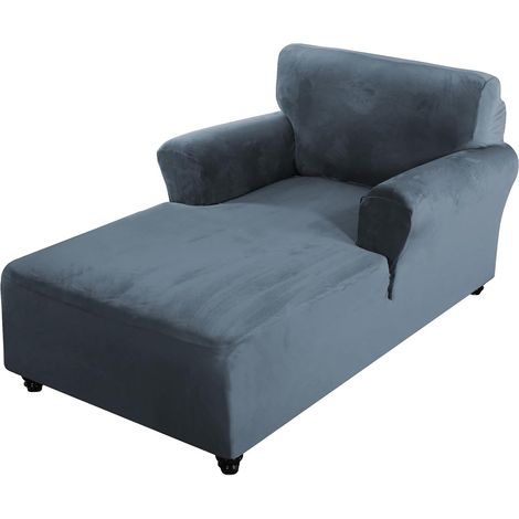 Velvet Chaise Lounge Cover with Double Armrests, Elasticated Chair Cover for Chaise Lounge, Machine Washable for Living Room/Bedroom (Blue Grey) (1/5)