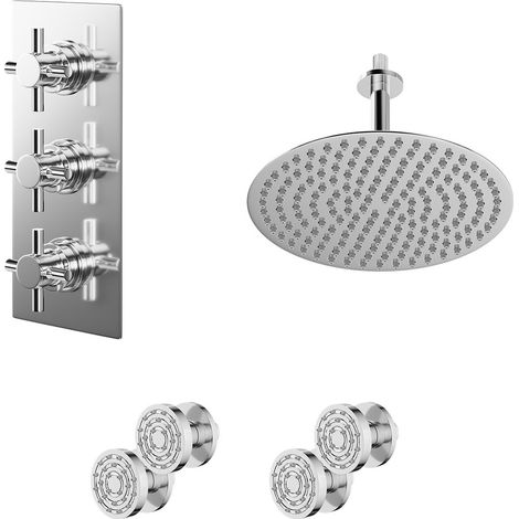 Cross Polished Chrome Concealed Triple Thermostatic Shower Valve and 300mm Round Head with 150mm Ceiling Arm and 4 Body Jets - 2 Outlet (1/5)