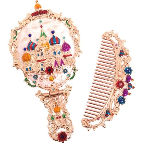 Miroir de poche vintage portable, miroir de maquillage fait main en relief, miroir de voyage pliable avec peigne et outils de maquillage pour femmes (1/5)
